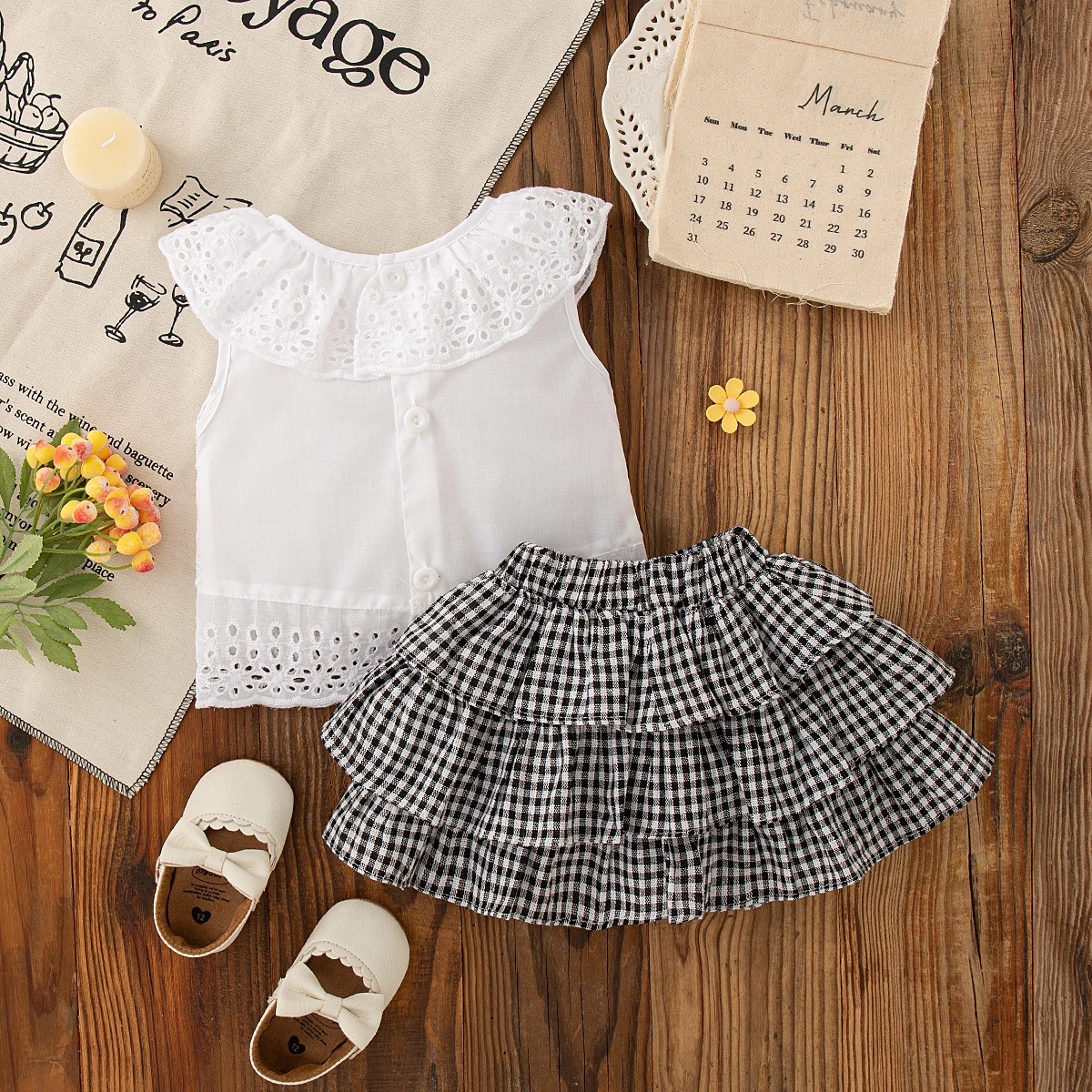 2pc/Set Girls' Suit Summer Bow And Plaid Lace Trim Short Sleeve Casual Toddler Girl Clothes Cute Simple Children Clothes thumbnail 5