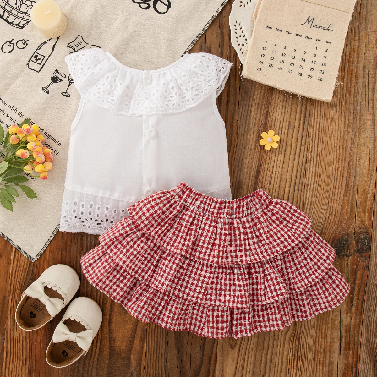 2pc/Set Girls' Suit Summer Bow And Plaid Lace Trim Short Sleeve Casual Toddler Girl Clothes Cute Simple Children Clothes thumbnail 3