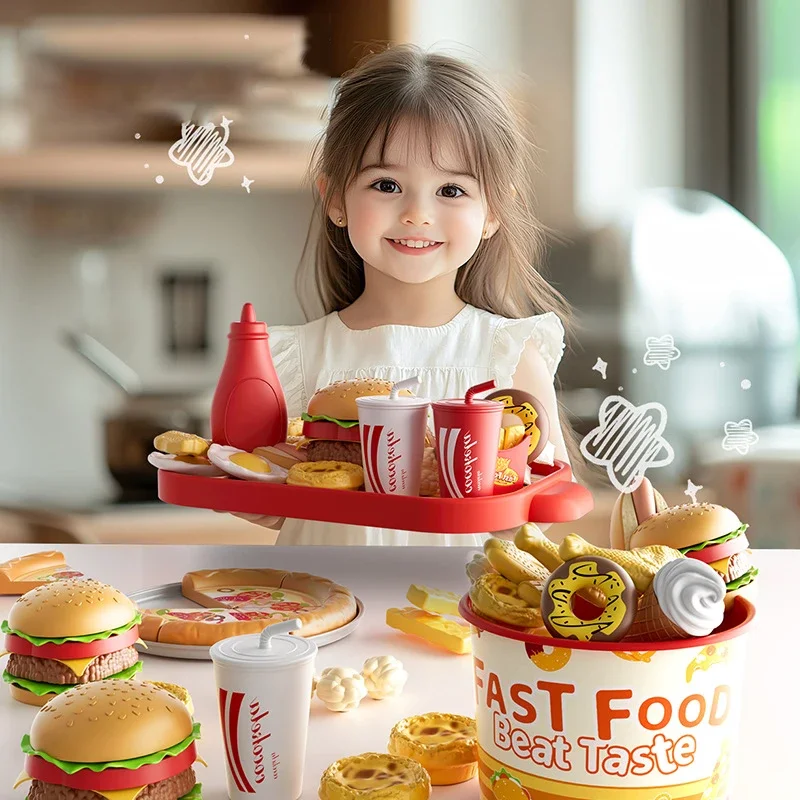 Kid Kitchen Toy Set Simulation Make Hamburger Pizza Fries Pretend Play Food Cooking Cutting Game Montessori Interactive Toy Gift thumbnail 2