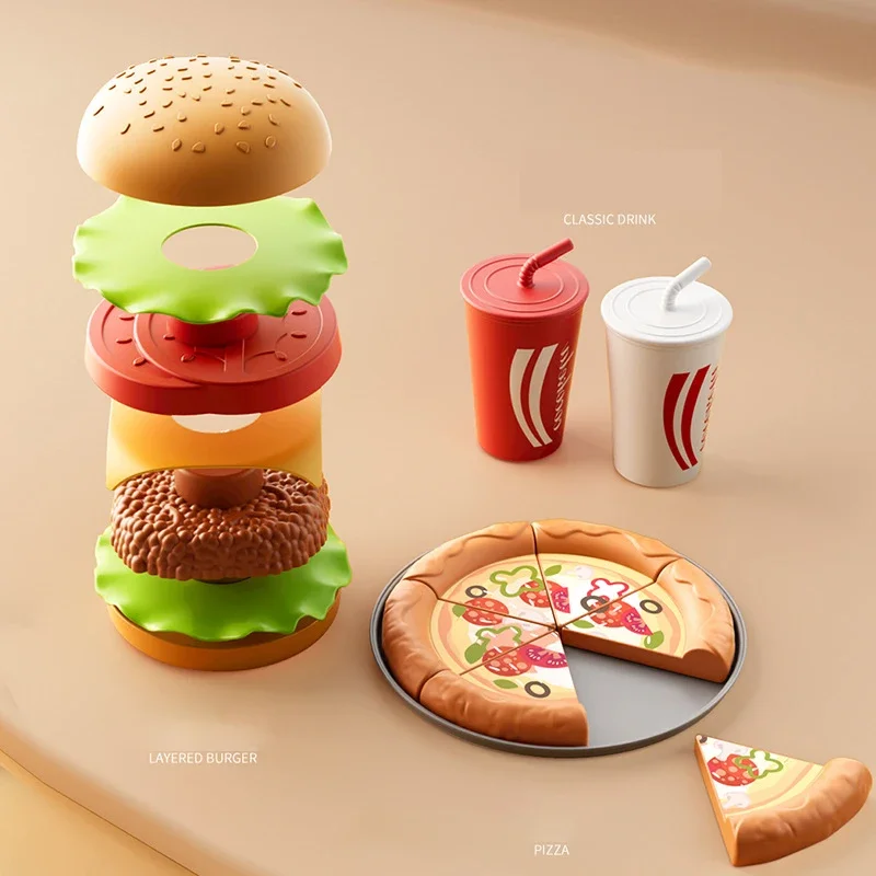 Kid Kitchen Toy Set Simulation Make Hamburger Pizza Fries Pretend Play Food Cooking Cutting Game Montessori Interactive Toy Gift thumbnail 3