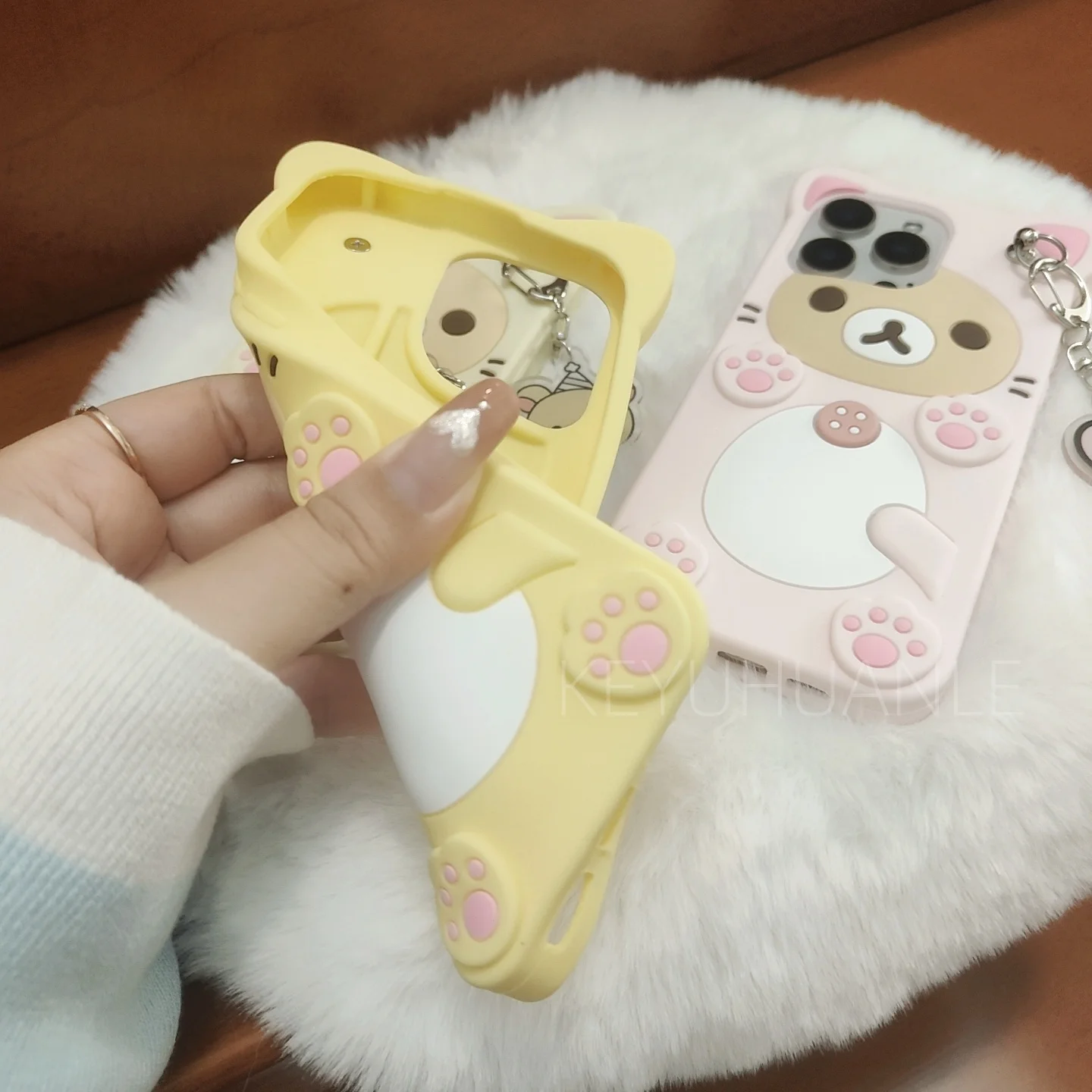 Cute Cartoon 3D Rilakkuma Phone Case For iPhone 17 16 15 14 13 12 11 Pro X XS Max XR 6 7 8 Plus 5 5S SE Key Chain Pendant Cover thumbnail 2