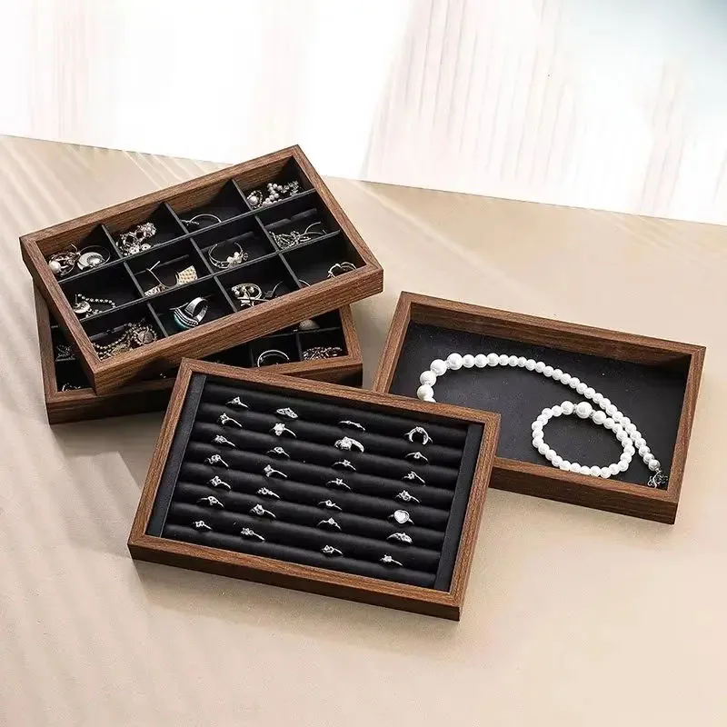 Shopping mall counter jewelry tray display walnut box flannel jewelry storage large capacity ring necklace display tray