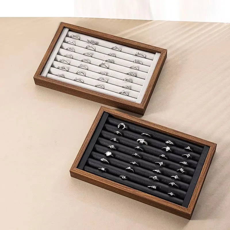 Shopping mall counter jewelry tray display walnut box flannel jewelry storage large capacity ring necklace display tray thumbnail 2
