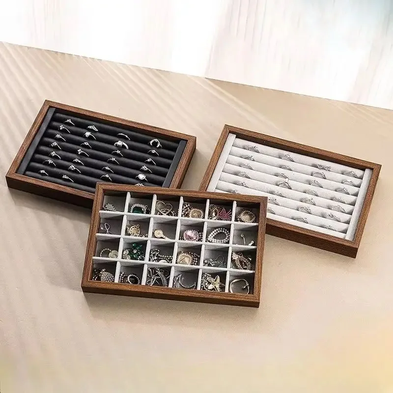 Shopping mall counter jewelry tray display walnut box flannel jewelry storage large capacity ring necklace display tray thumbnail 3