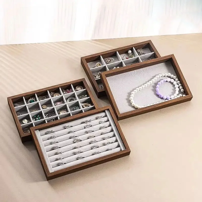 Shopping mall counter jewelry tray display walnut box flannel jewelry storage large capacity ring necklace display tray thumbnail 4