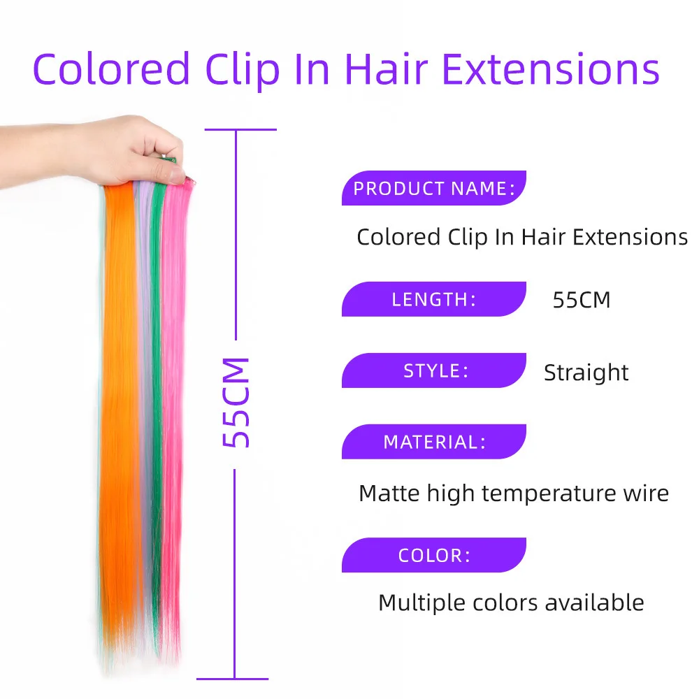 10/1PCS Colorful Highlight Clip In Hair Extension for Girl Synthetic Long Straight Hairpieces Wig 22inch extensiónes de cabello thumbnail 6