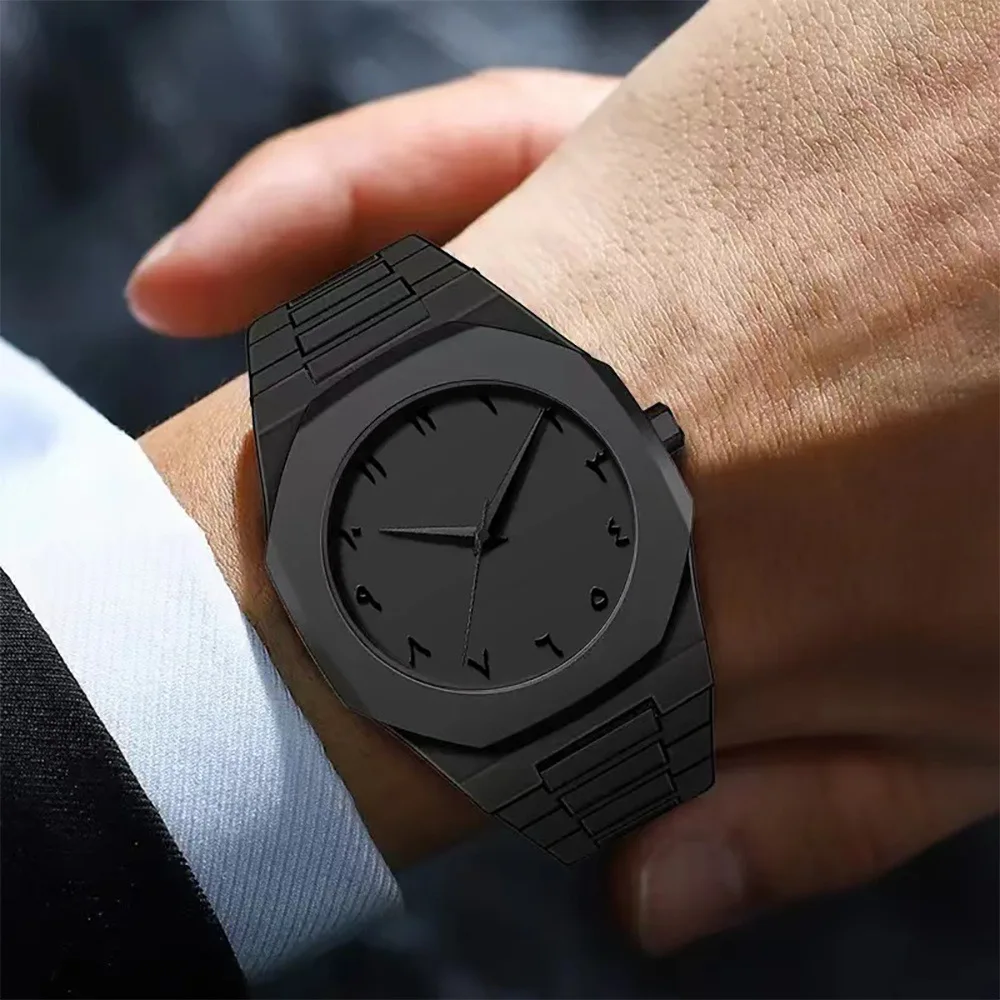 New Fashionable Men's Watch Simple Black Male Quartz Watches Arabic digital Casual Drip Oil Strap thumbnail 4