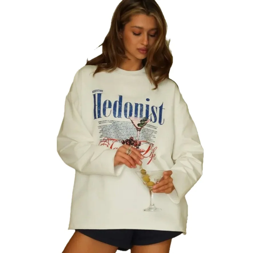 White Pure Cotton Long Sleeve T-Shirt Women's American Style Spring Autumn New Fashion Retro Print Lazy Style Top thumbnail 5