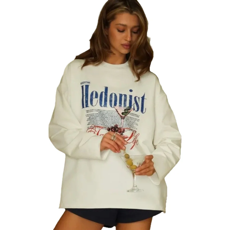 White Pure Cotton Long Sleeve T-Shirt Women's American Style Spring Autumn New Fashion Retro Print Lazy Style Top thumbnail 6
