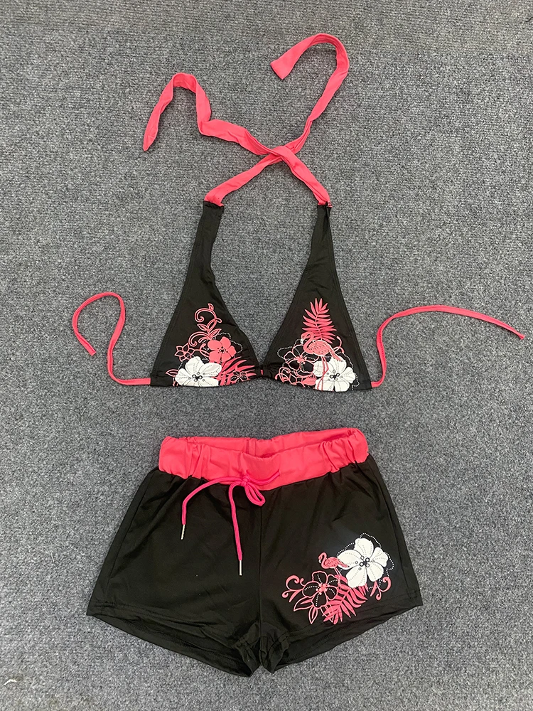 Summer Beach Ins Fashion Hot Sexy Ladies Split Two Piece Bikini Beautiful Vintage Contrast Flower Print Suspender Bra Shorts Set thumbnail 3