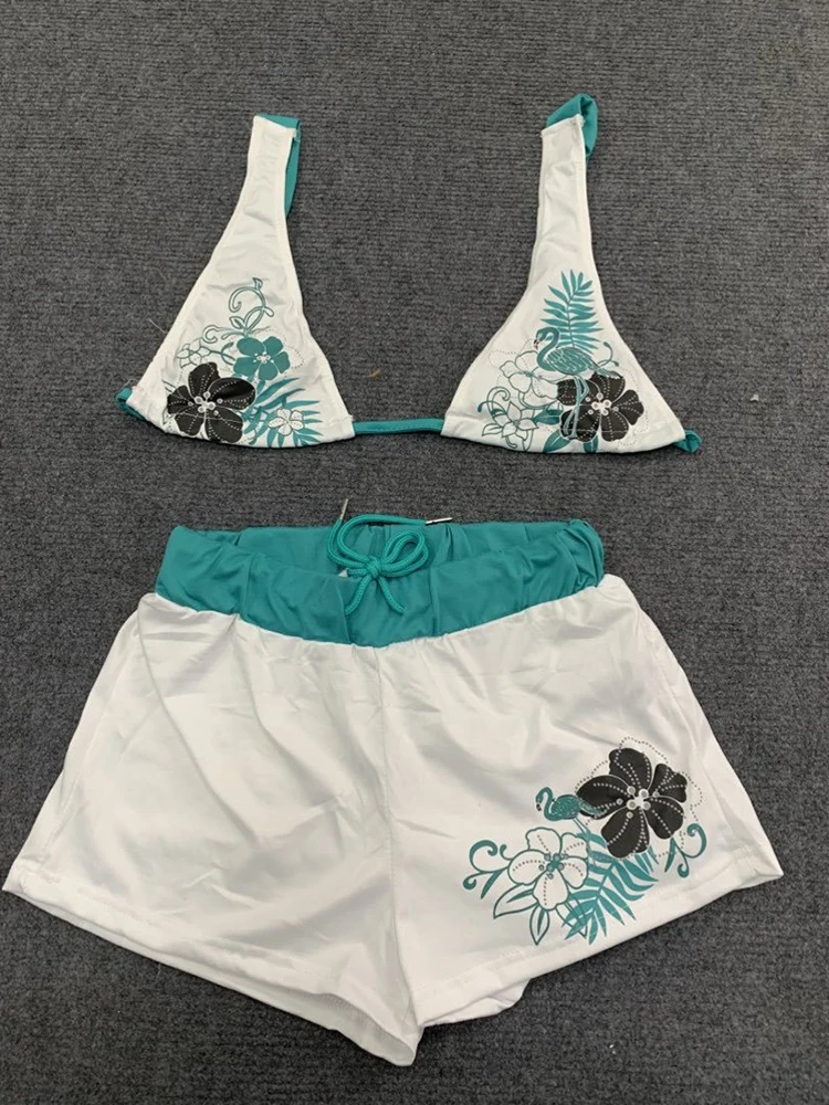 Summer Beach Ins Fashion Hot Sexy Ladies Split Two Piece Bikini Beautiful Vintage Contrast Flower Print Suspender Bra Shorts Set thumbnail 5