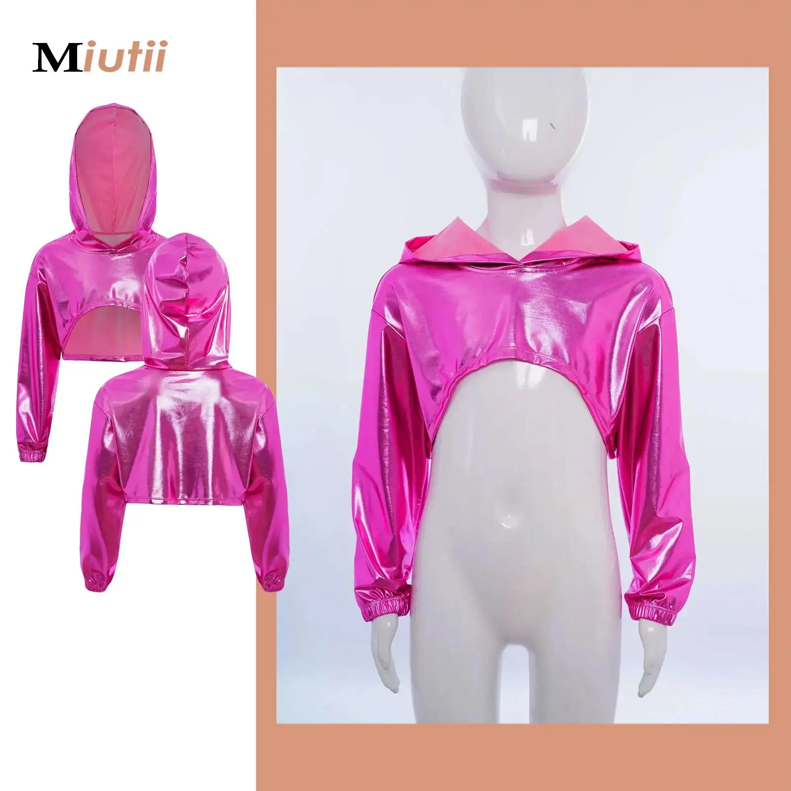 Girls Hip Hop Jazz Street Dance Costume Asymmetrical Hem Metallic Cropped Hoodie School Party Stage Performance Dancewear