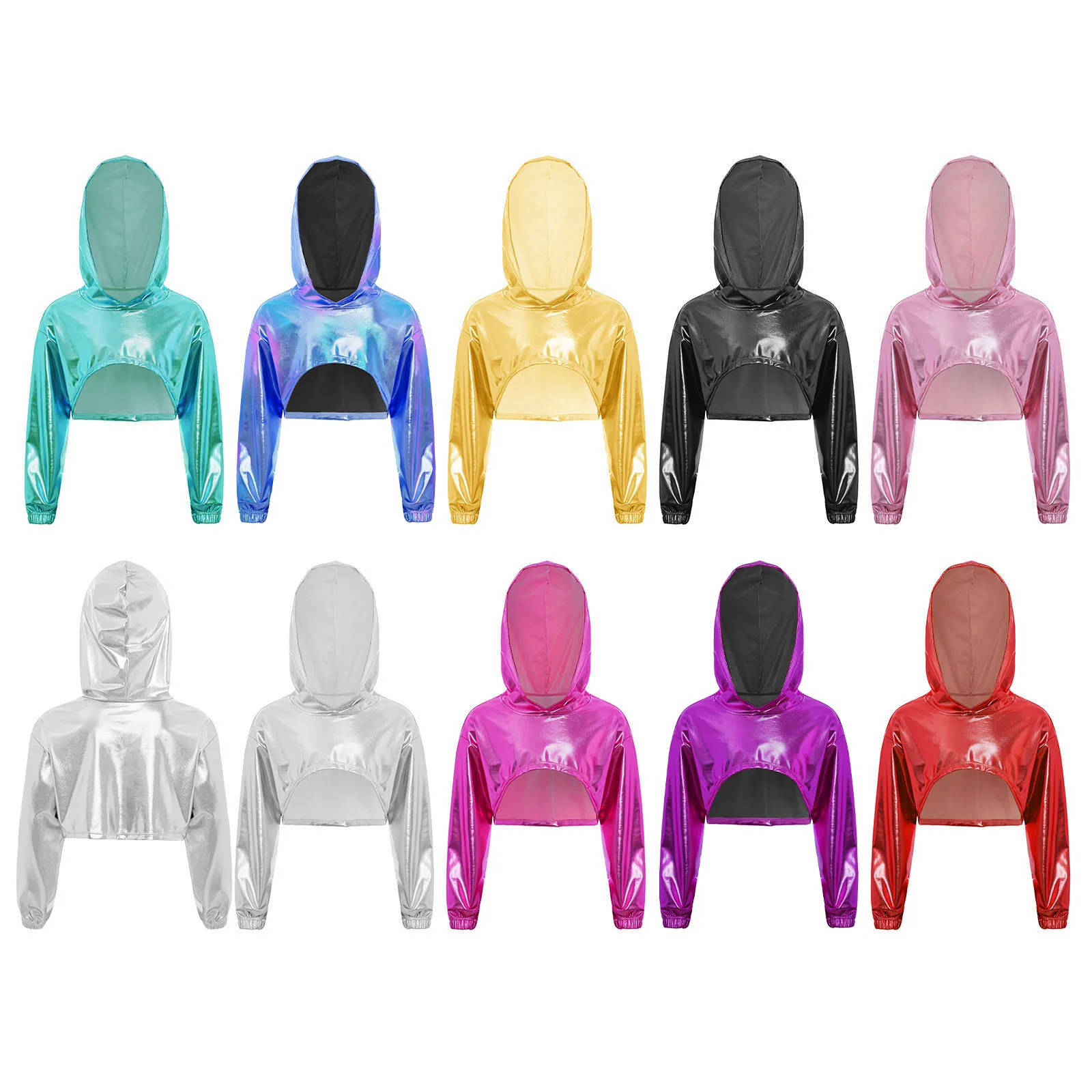 Girls Hip Hop Jazz Street Dance Costume Asymmetrical Hem Metallic Cropped Hoodie School Party Stage Performance Dancewear thumbnail 5