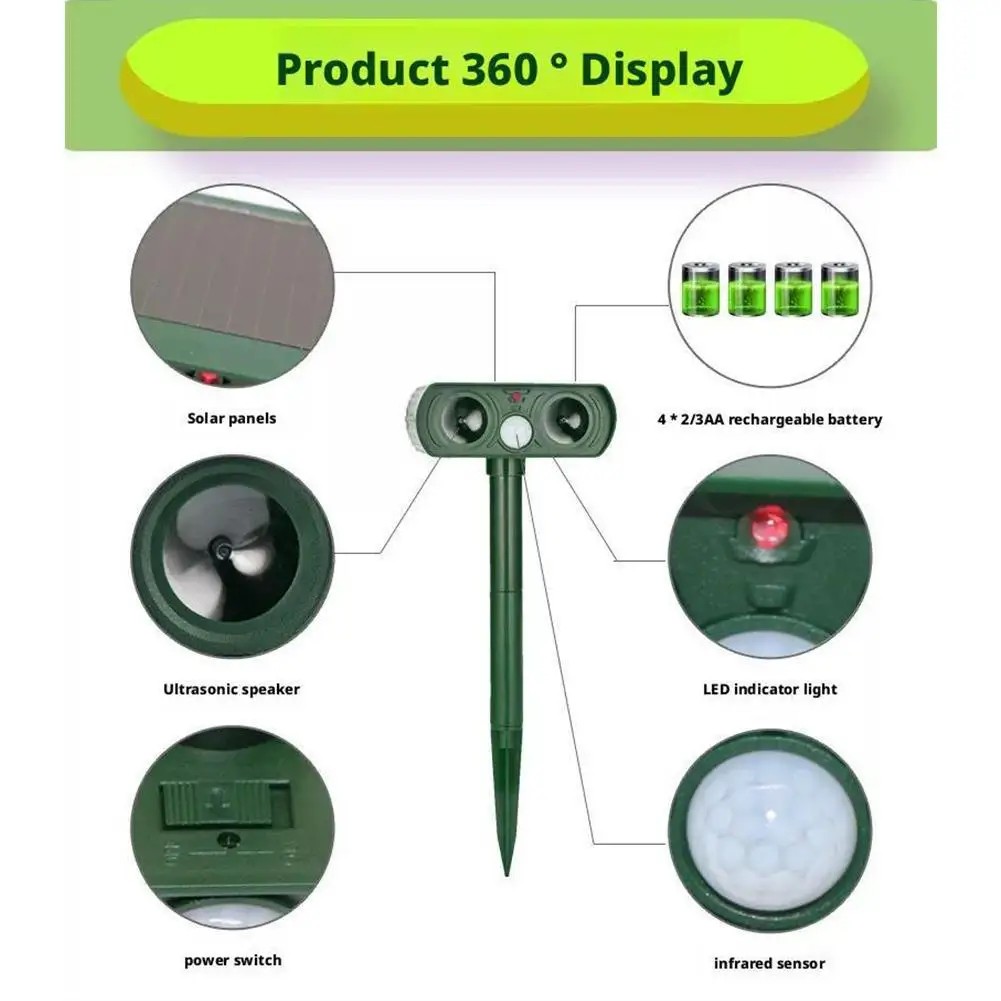 Outdoor LED Light Alarm Ultrasonic Cat Dog Repellant Solar Power Rechargeable Garden Repellers For Garden thumbnail 2