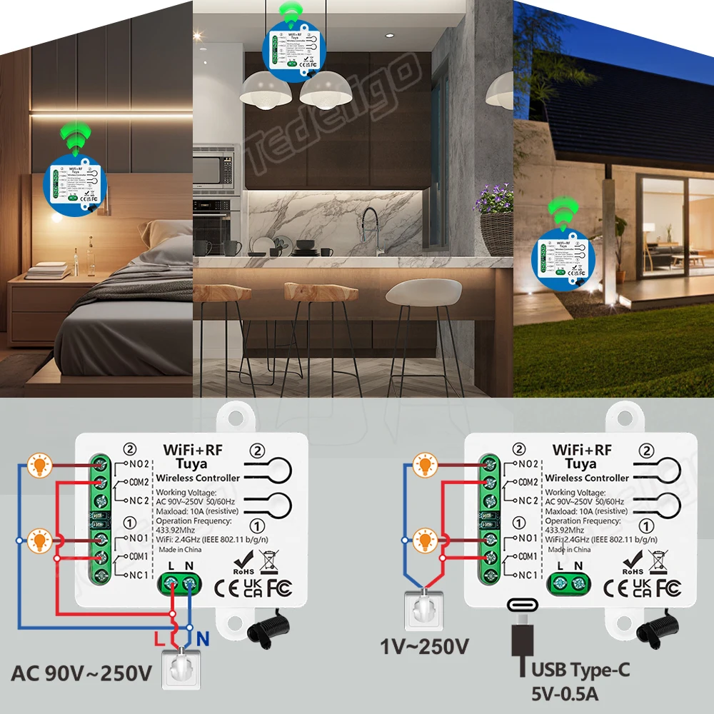 Tuya Wifi Smart Switch wireless Remote Control with AC110V 220V 2CH Receiver relay via Alexa Google Home for Light/Garage Motor thumbnail 5