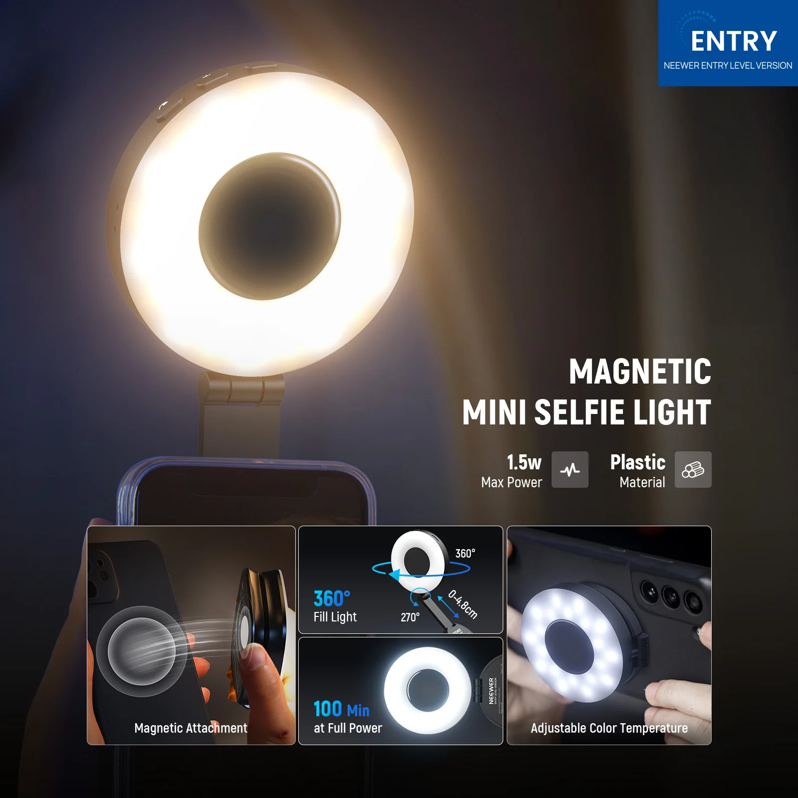 NEEWER Magnetic Selfie Light Compatible with MagSafe iPhone, 4 Mode CRI95+ 1.5W Plastic Folding LED Phone Fill Ring Lighting thumbnail 4