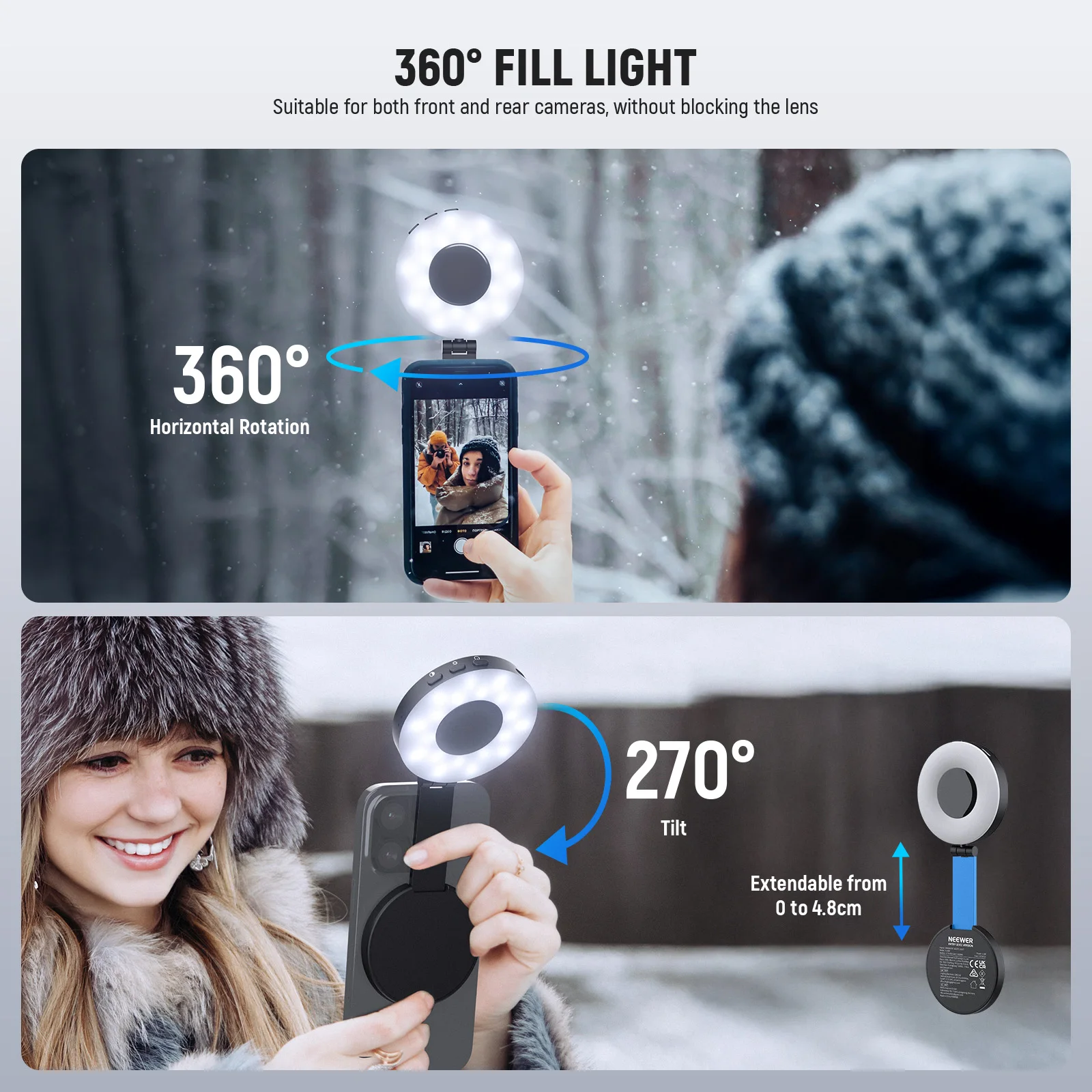 NEEWER Magnetic Selfie Light Compatible with MagSafe iPhone, 4 Mode CRI95+ 1.5W Plastic Folding LED Phone Fill Ring Lighting thumbnail 5
