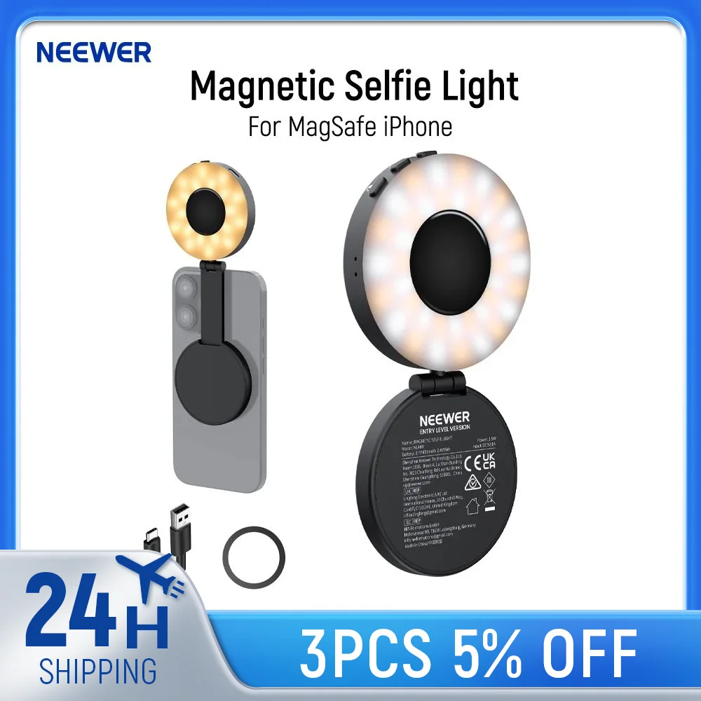 NEEWER Magnetic Selfie Light Compatible with MagSafe iPhone, 4 Mode CRI95+ 1.5W Plastic Folding LED Phone Fill Ring Lighting