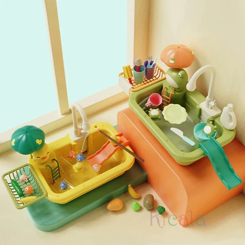 Kids Kitchen Sink Toys Electric Dishwasher Playing Toy With Running Water Pretend Play Food Fishing Toy Role Playing Girls Gift thumbnail 5
