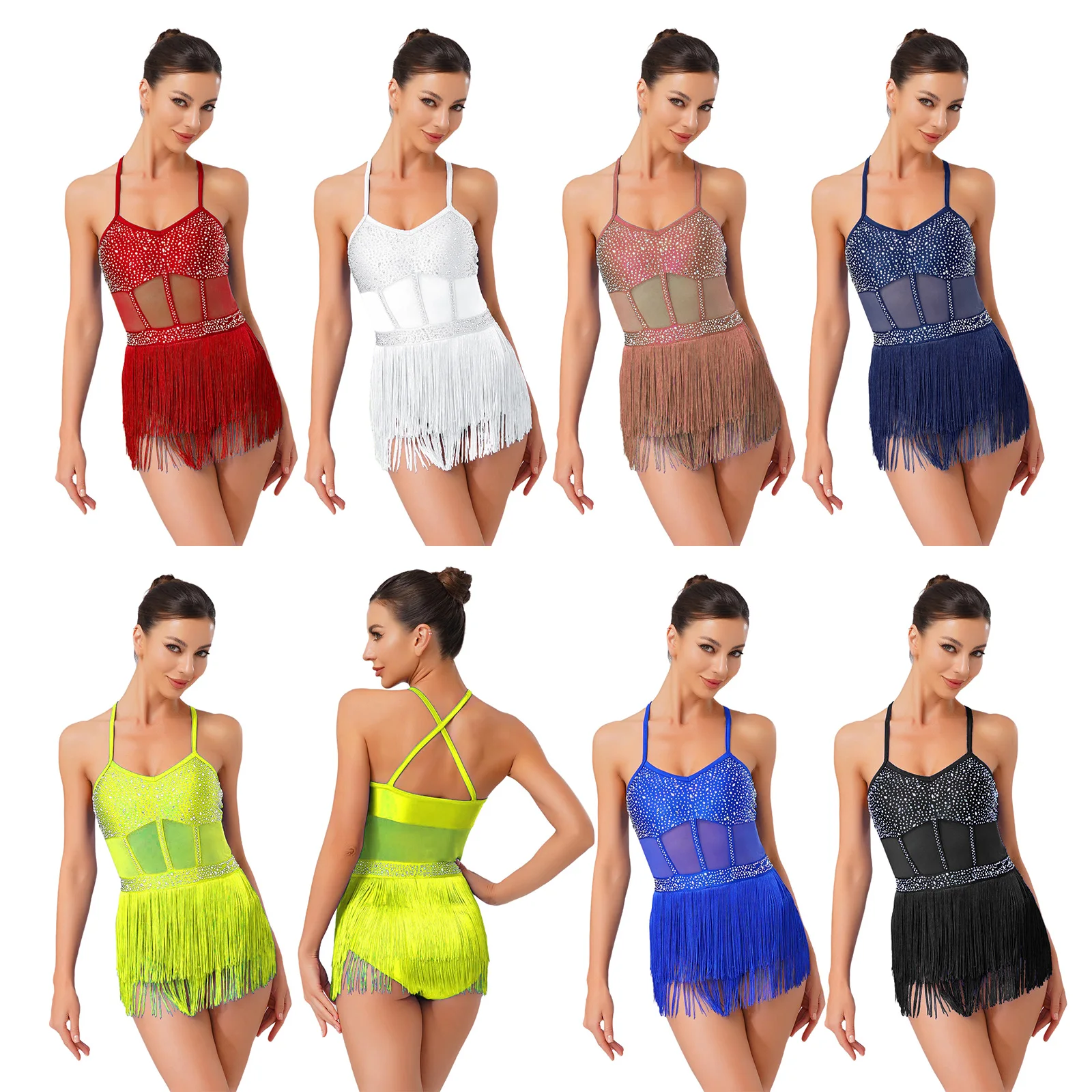 Womens Tango Latin Dance Leotard Dress Sheer Mesh Patchwork Tassel Bodysuit Elegant Latin Dress for Ballroom Dance Performance thumbnail 6