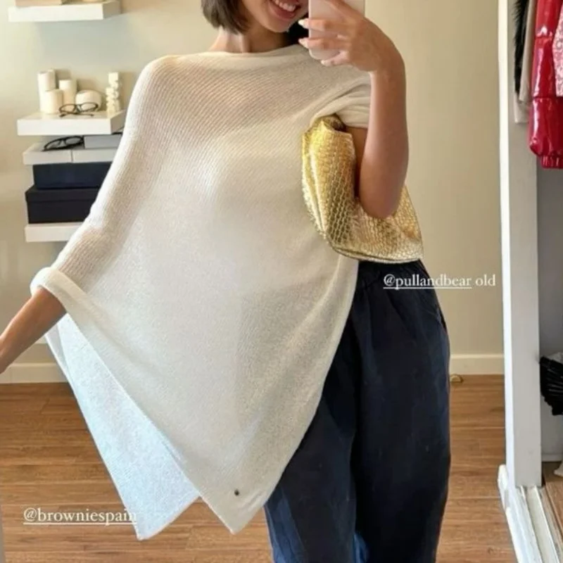 Womens Sheer Poncho Top Lightweight Knit Shrug Shawl Off The Shoulder Mesh Blouse Cover Up Tops thumbnail 4