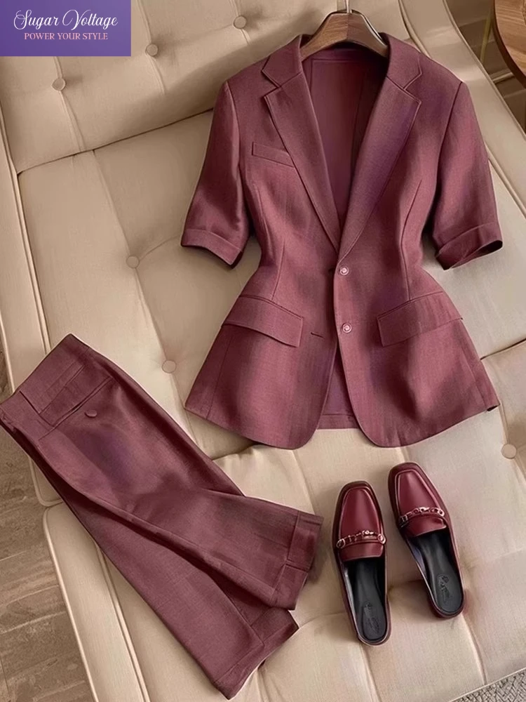 Elegant French Chic Style Blazer Set Women Summer 2025 Burgundy Short Sleeve Slim Fit Jacket and Straight Pants Office Outfit