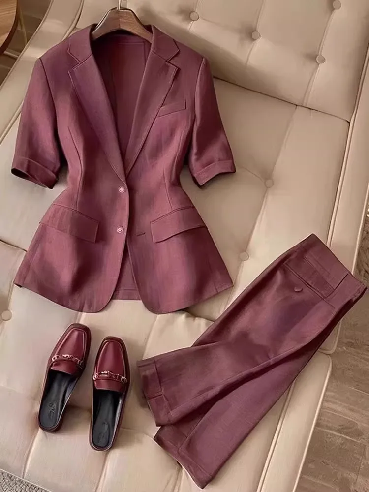 Elegant French Chic Style Blazer Set Women Summer 2025 Burgundy Short Sleeve Slim Fit Jacket and Straight Pants Office Outfit thumbnail 3