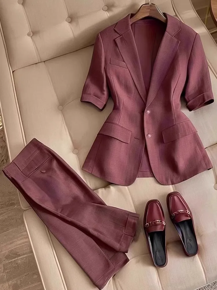 Elegant French Chic Style Blazer Set Women Summer 2025 Burgundy Short Sleeve Slim Fit Jacket and Straight Pants Office Outfit thumbnail 4
