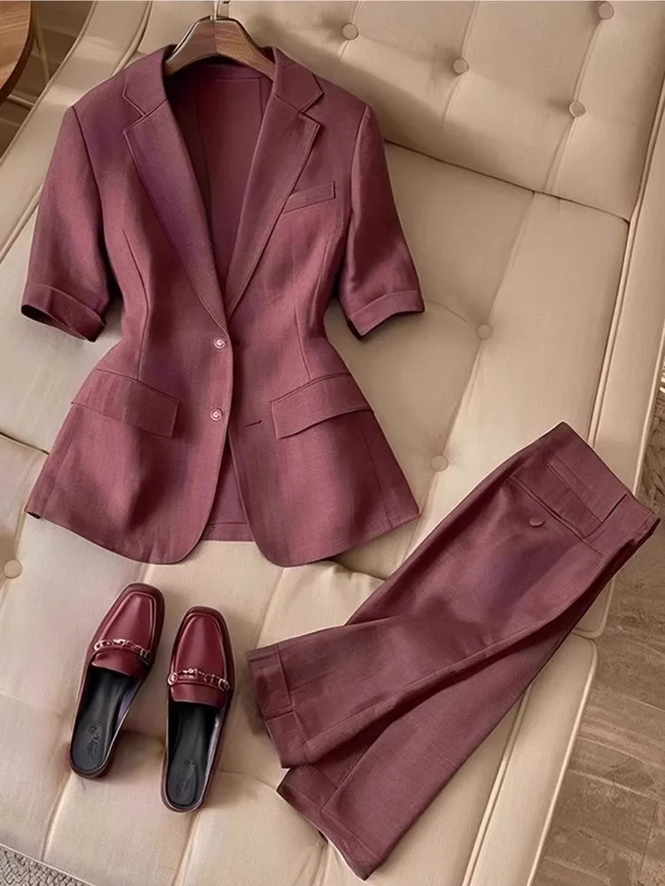 Elegant French Chic Style Blazer Set Women Summer 2025 Burgundy Short Sleeve Slim Fit Jacket and Straight Pants Office Outfit thumbnail 2