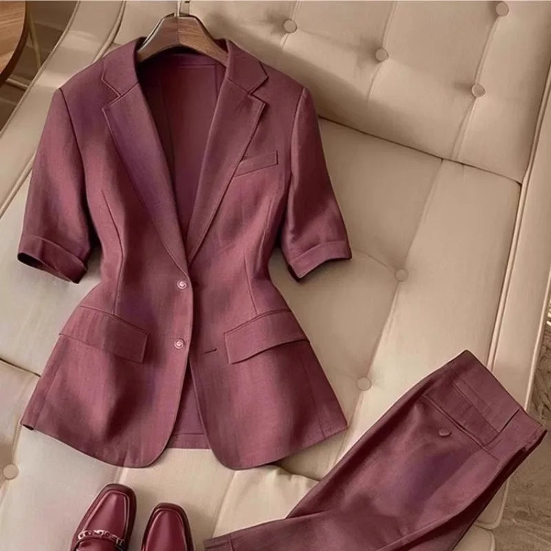 Elegant French Chic Style Blazer Set Women Summer 2025 Burgundy Short Sleeve Slim Fit Jacket and Straight Pants Office Outfit thumbnail 5