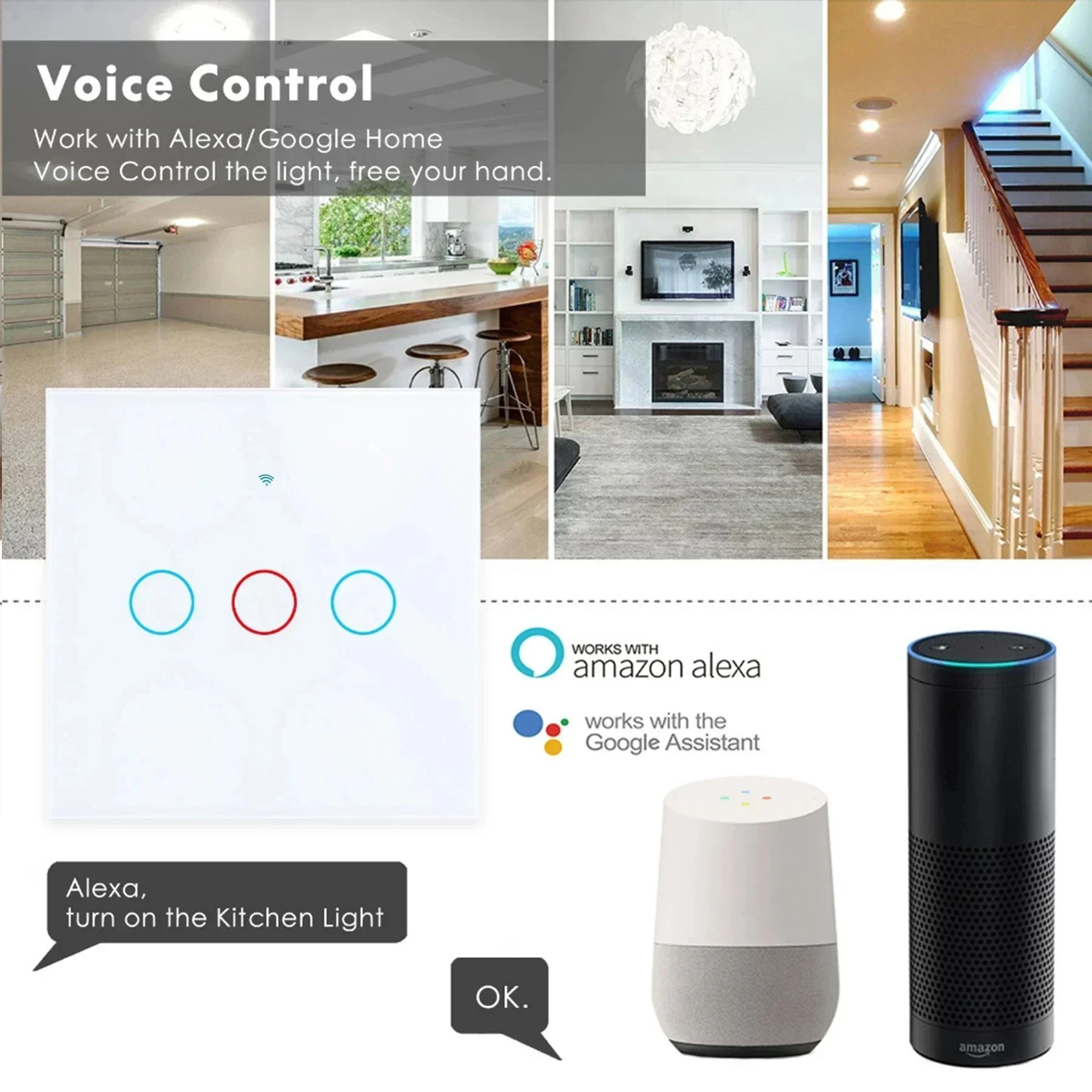 Works with Tuya WiFi Touch Switch Light Wall Smart Switch for EU Smart Home Life Alexa Google Home 433RF WiFi Remote 1/2/3 Gang thumbnail 2