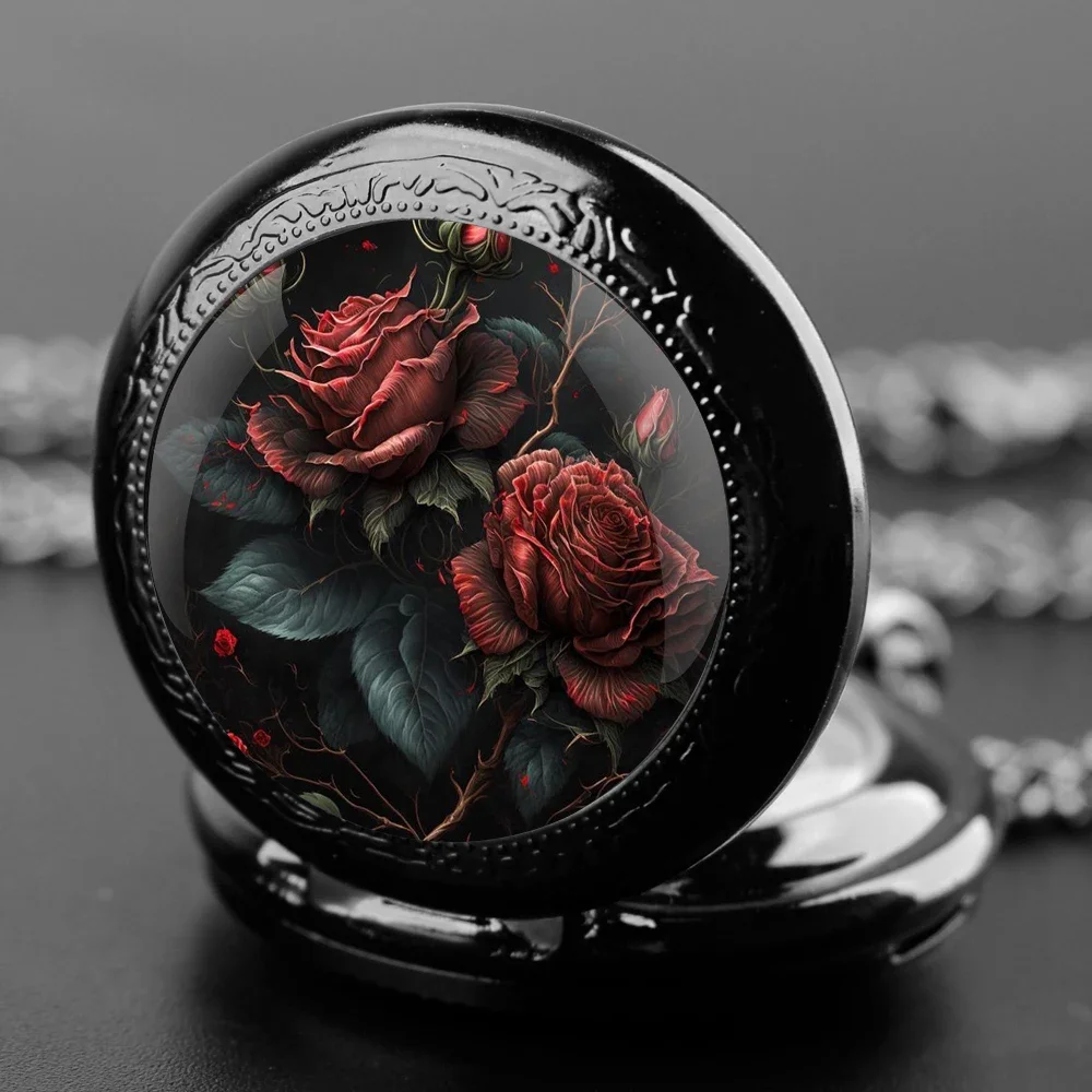 Rose Pendant Glass Dome Pocket Watch Souvenir Chain Clock Arabic Numerals with Personality Gift for Women Men