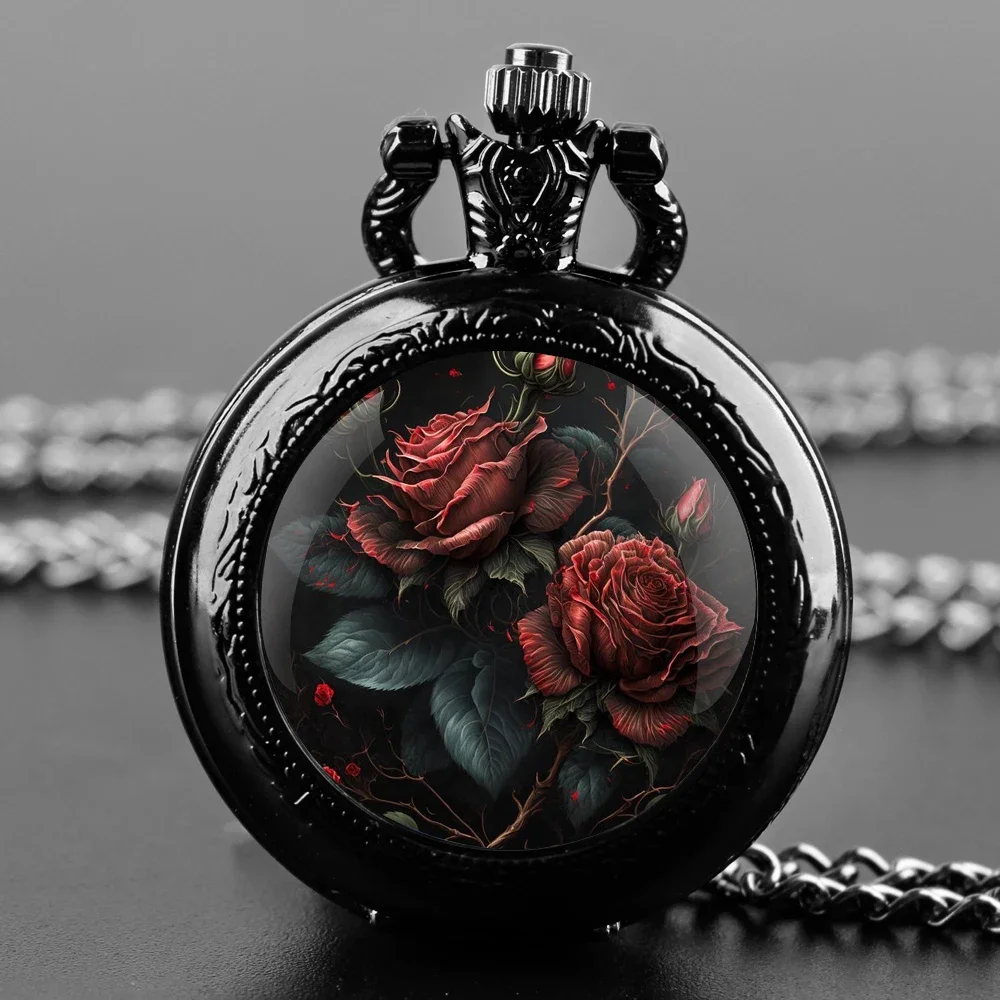 Rose Pendant Glass Dome Pocket Watch Souvenir Chain Clock Arabic Numerals with Personality Gift for Women Men thumbnail 2