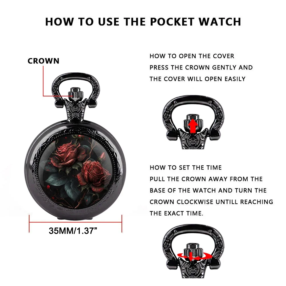 Rose Pendant Glass Dome Pocket Watch Souvenir Chain Clock Arabic Numerals with Personality Gift for Women Men thumbnail 6