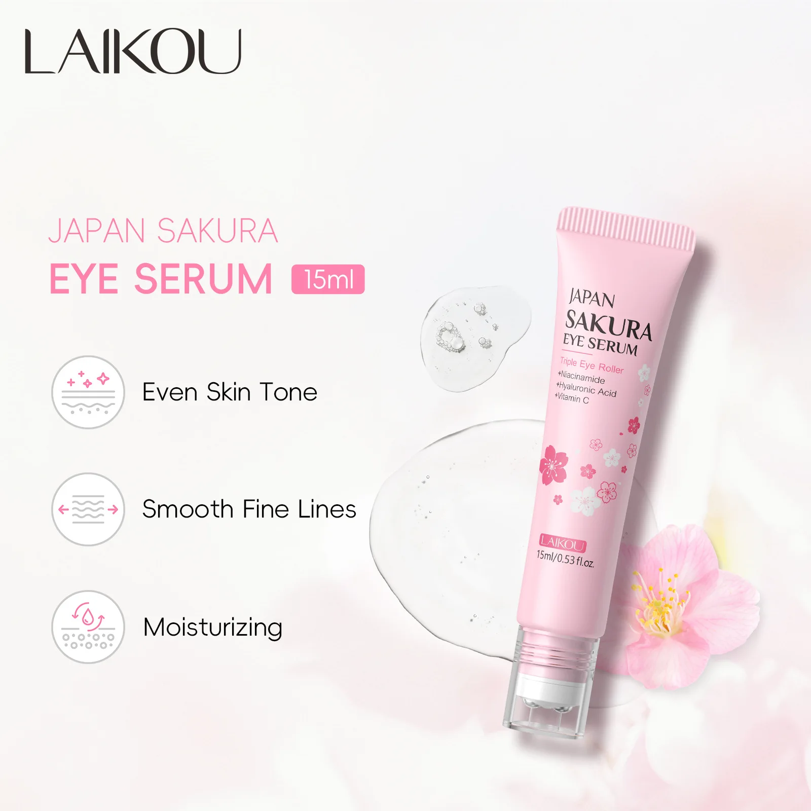 LAIKOU Sakura Anti- Wrinkle Eye Cream With Roller Ball Quick Drying Hydrating Hyaluronic Acid Refreshing Eye Serum 15ml thumbnail 2
