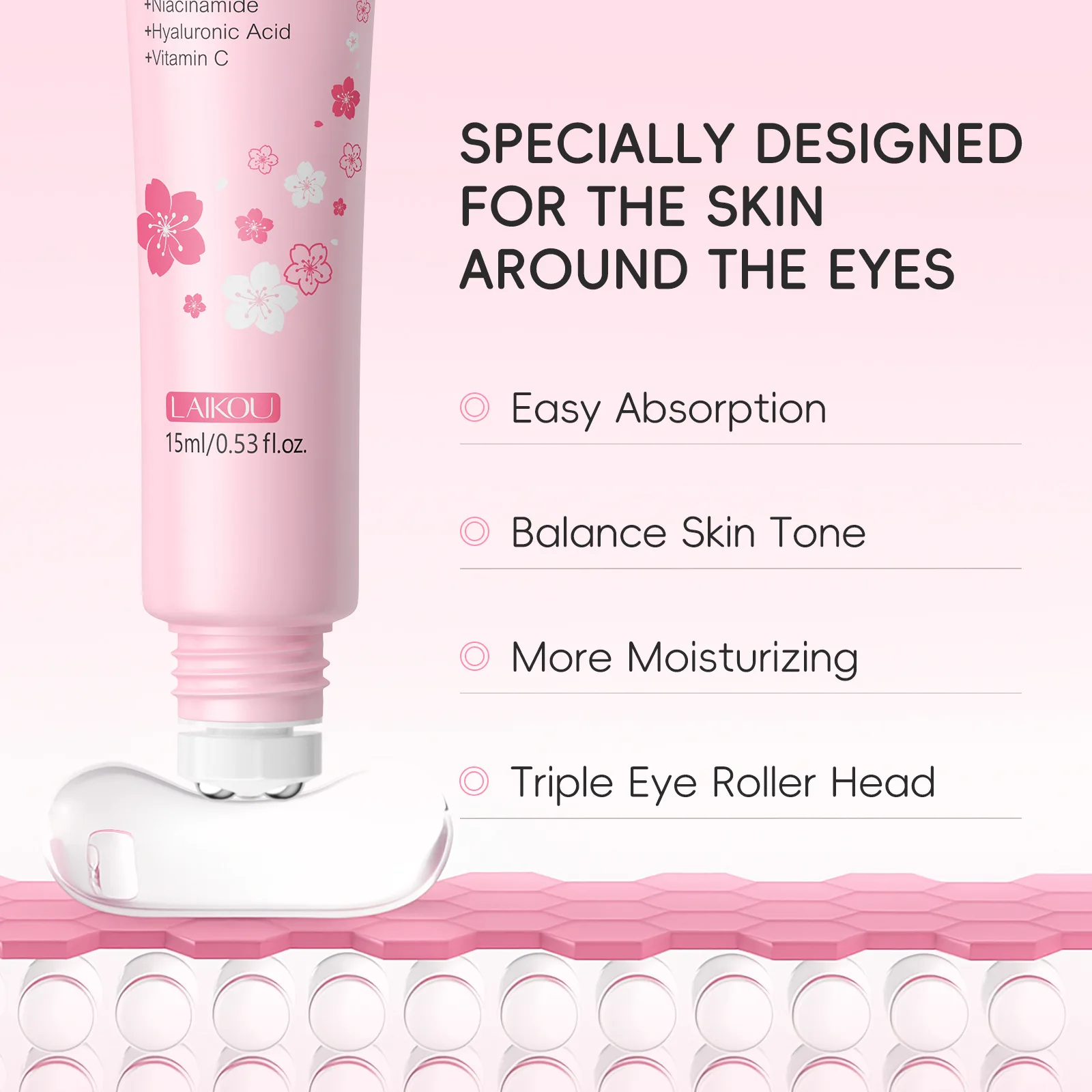 LAIKOU Sakura Anti- Wrinkle Eye Cream With Roller Ball Quick Drying Hydrating Hyaluronic Acid Refreshing Eye Serum 15ml thumbnail 4