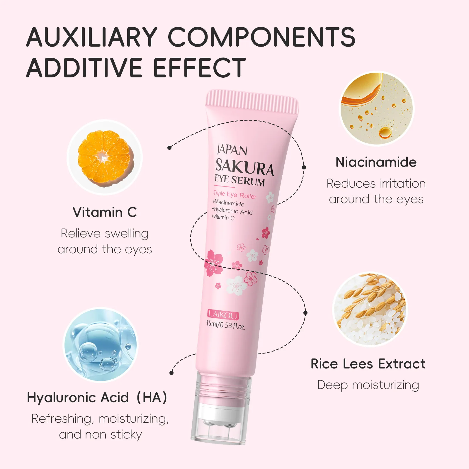 LAIKOU Sakura Anti- Wrinkle Eye Cream With Roller Ball Quick Drying Hydrating Hyaluronic Acid Refreshing Eye Serum 15ml thumbnail 5