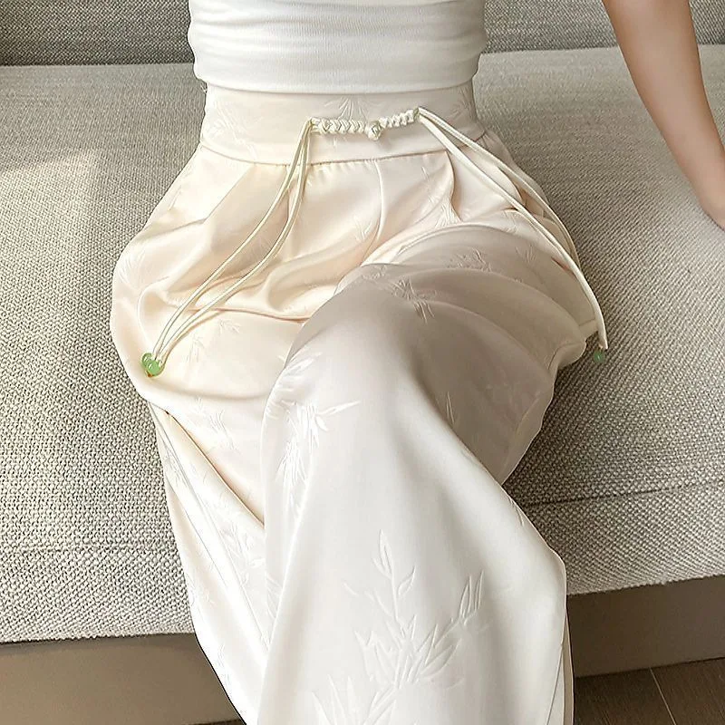 Summer Satin Jacquard Chinese Clothing Wide Leg Pants Women Loose High Waist Pants Woman Bottoms Fashion Casual Ladies Trousers
