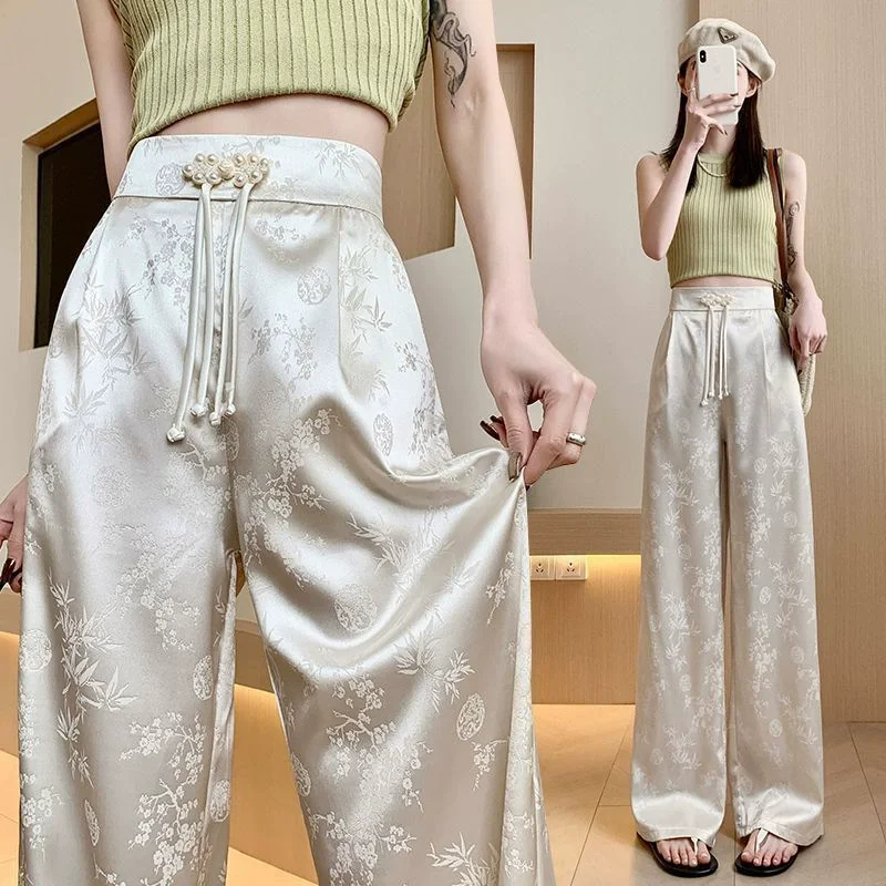 Summer Satin Jacquard Chinese Clothing Wide Leg Pants Women Loose High Waist Pants Woman Bottoms Fashion Casual Ladies Trousers thumbnail 2