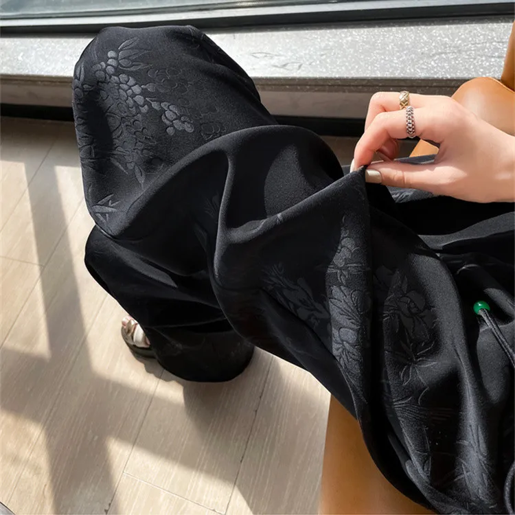 Summer Satin Jacquard Chinese Clothing Wide Leg Pants Women Loose High Waist Pants Woman Bottoms Fashion Casual Ladies Trousers thumbnail 5