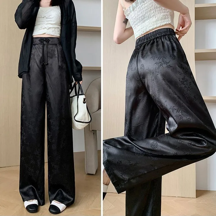 Summer Satin Jacquard Chinese Clothing Wide Leg Pants Women Loose High Waist Pants Woman Bottoms Fashion Casual Ladies Trousers thumbnail 3