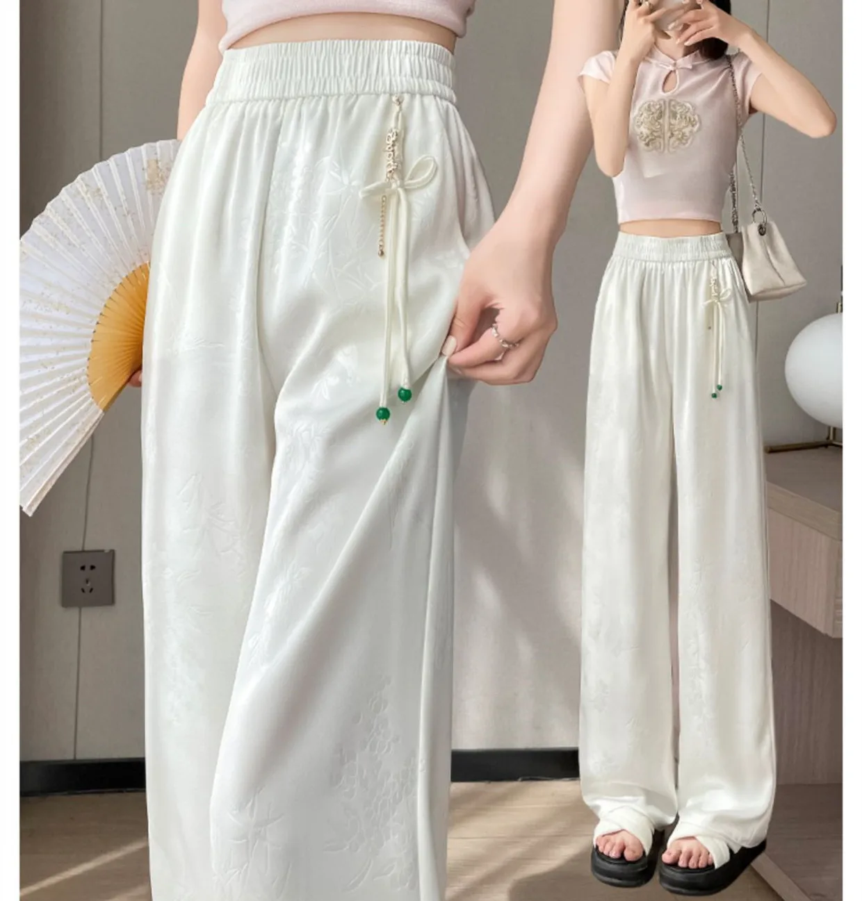 Summer Satin Jacquard Chinese Clothing Wide Leg Pants Women Loose High Waist Pants Woman Bottoms Fashion Casual Ladies Trousers thumbnail 4