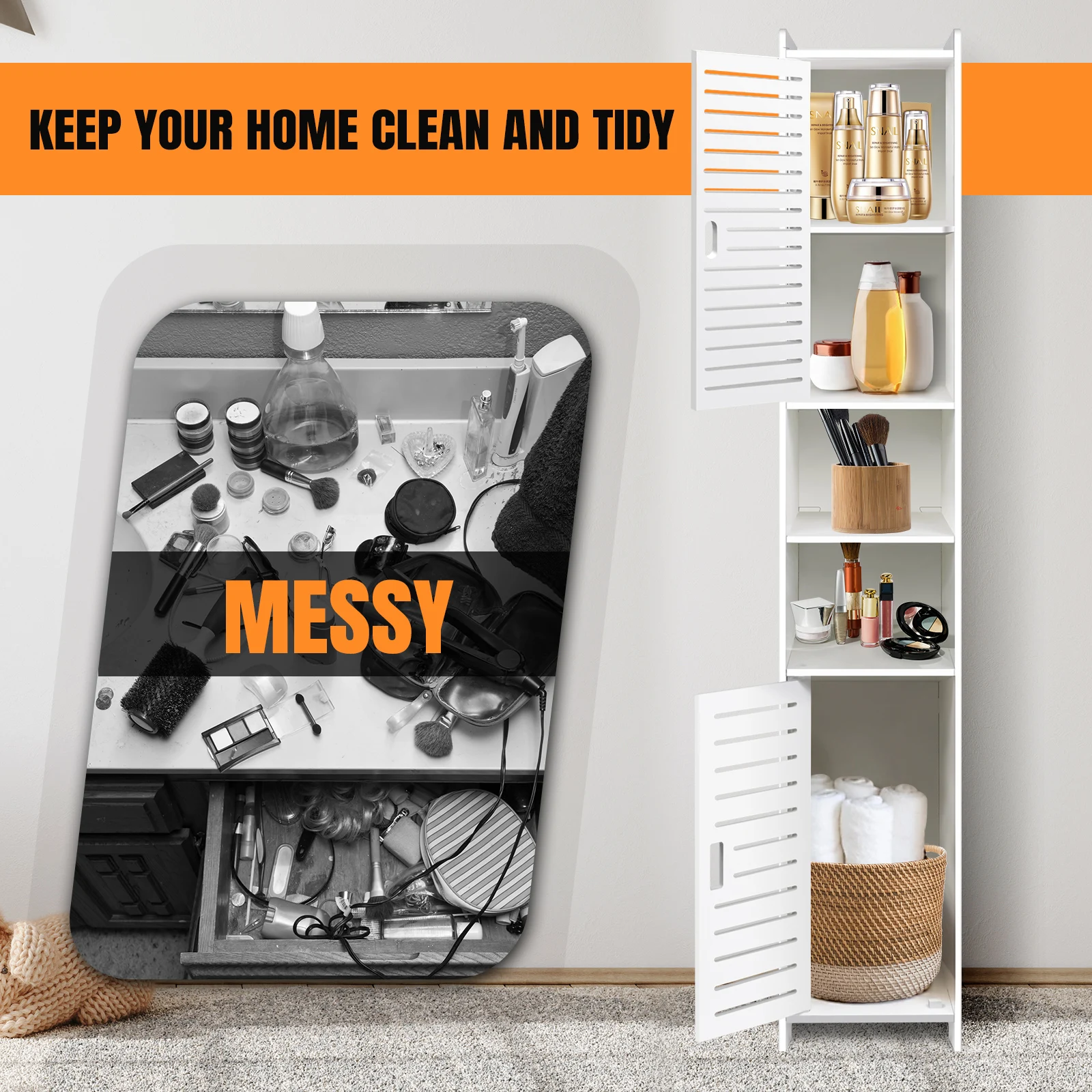 BRIEFNESS Waterproof Bathroom Tall Cabinet Free Standing White Floor Storage Unit Cupboard with 2 Doors & 5 Tiers thumbnail 5