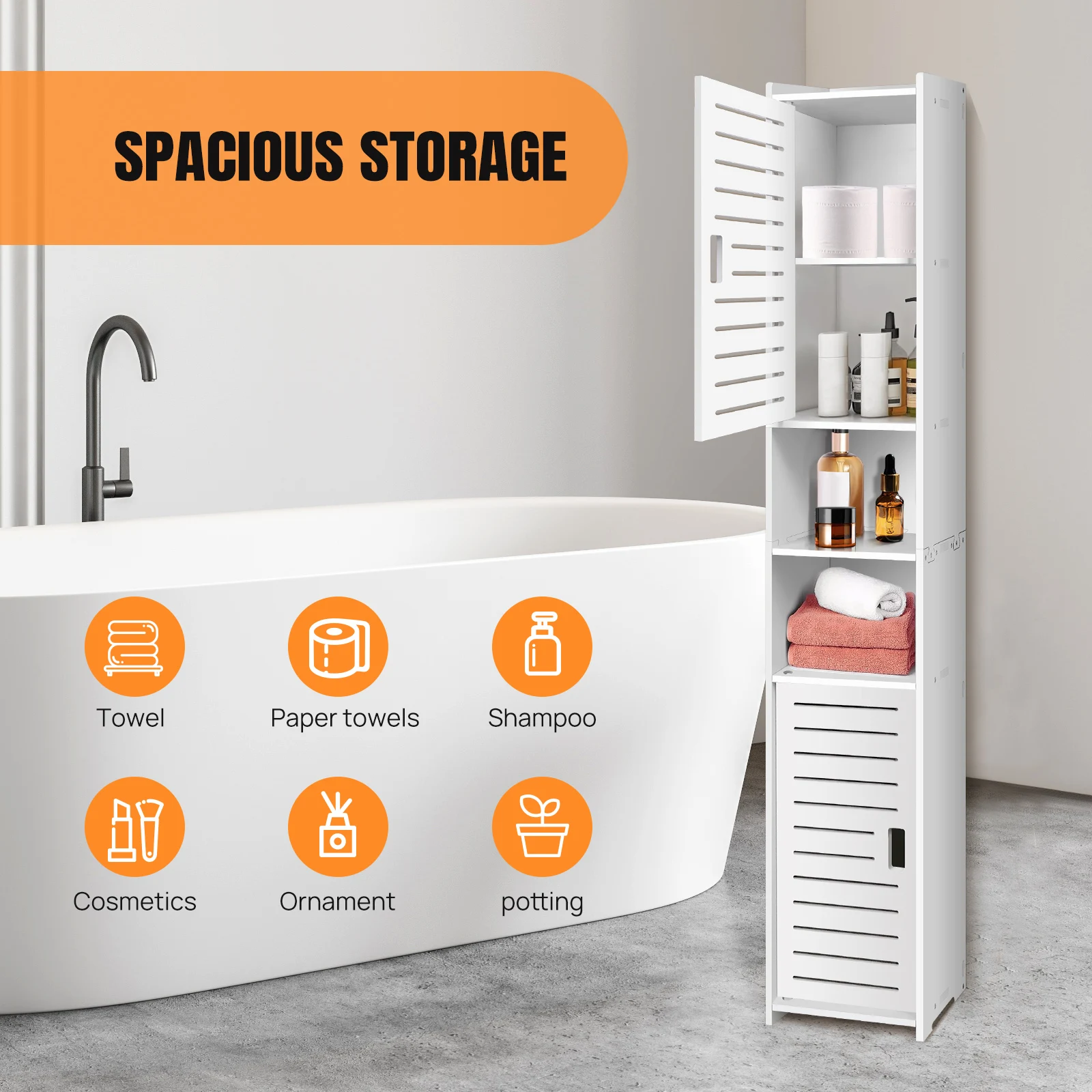 BRIEFNESS Waterproof Bathroom Tall Cabinet Free Standing White Floor Storage Unit Cupboard with 2 Doors & 5 Tiers thumbnail 2