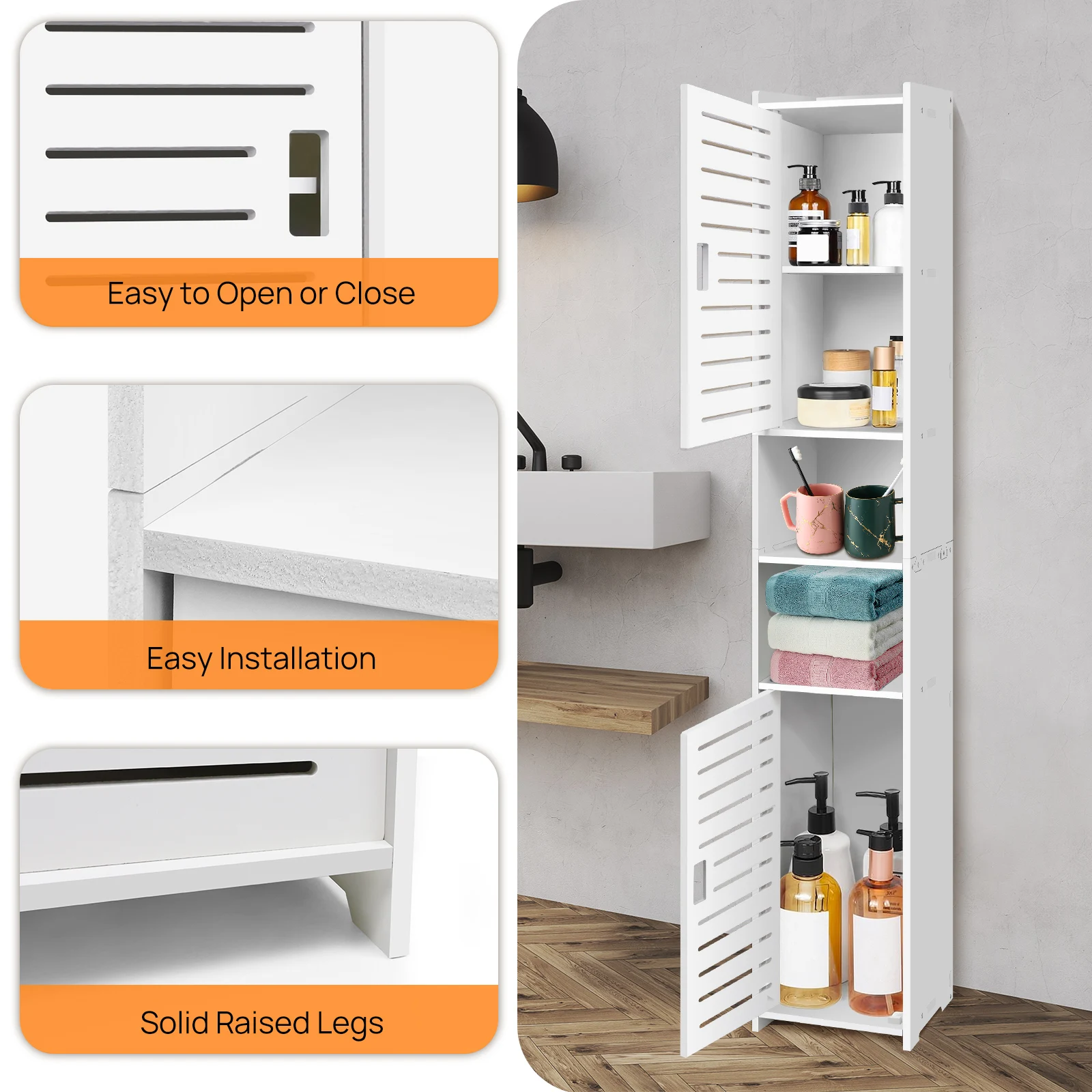 BRIEFNESS Waterproof Bathroom Tall Cabinet Free Standing White Floor Storage Unit Cupboard with 2 Doors & 5 Tiers thumbnail 3