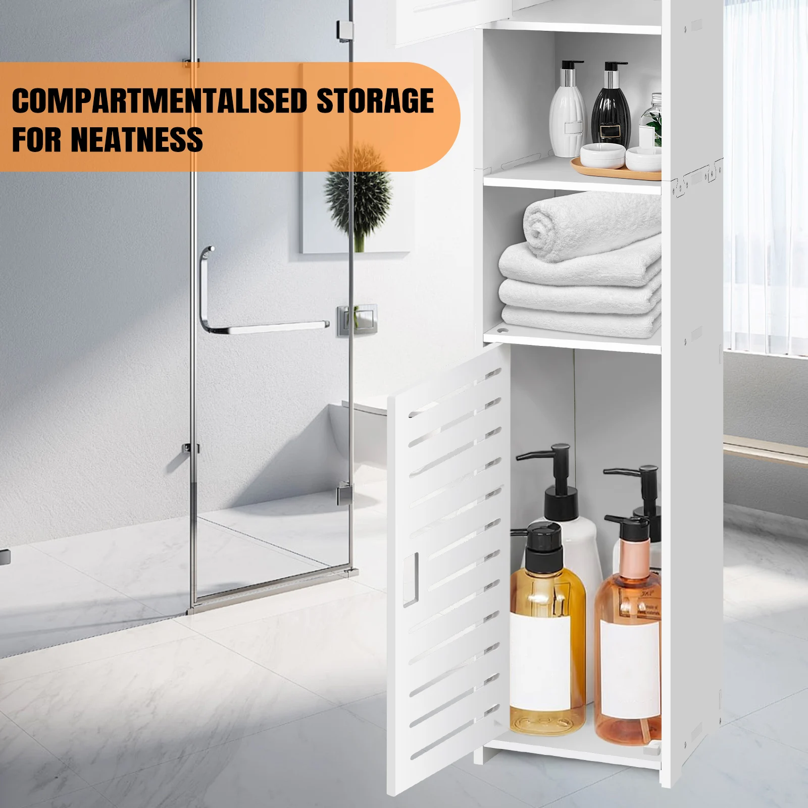 BRIEFNESS Waterproof Bathroom Tall Cabinet Free Standing White Floor Storage Unit Cupboard with 2 Doors & 5 Tiers thumbnail 6