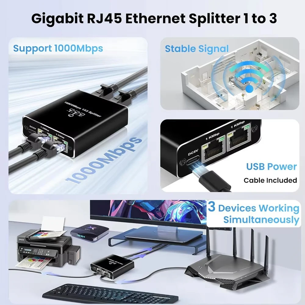 Kebidumei Gigabit Ethernet Splitter 1 to 2/3/4, 1000Mbps RJ45 LAN Internet Splitter for Hub/Switch/Router/Set-Top Box/Digital TV thumbnail 2