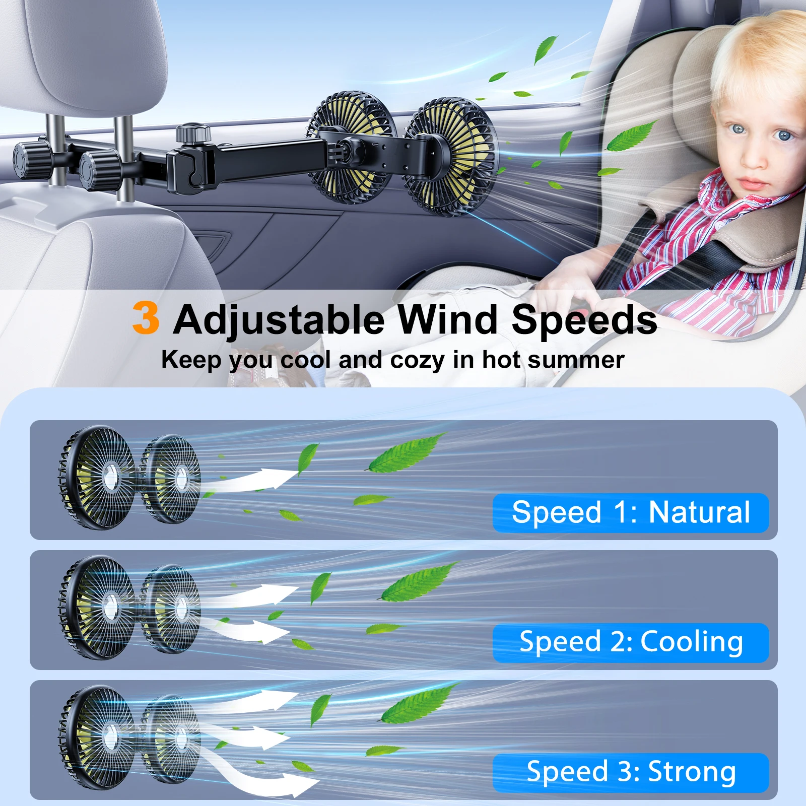 Eary Car Dual Head Fan Mount for Back Seat Headrest Air Cooler Fan With 2 Hooks Long Arm Adjustable 3 Speeds For Truck SUV Sedan thumbnail 4