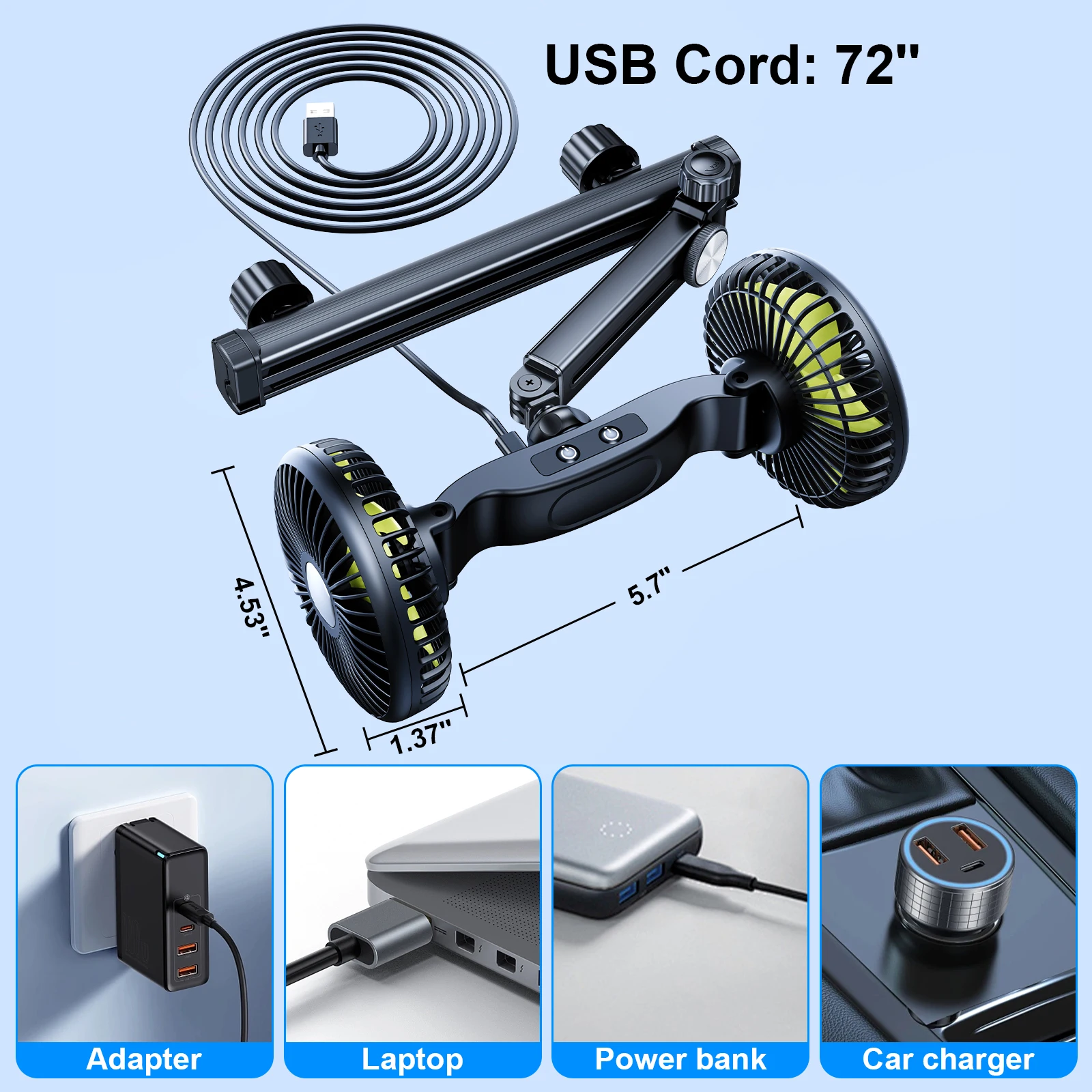 Eary Car Dual Head Fan Mount for Back Seat Headrest Air Cooler Fan With 2 Hooks Long Arm Adjustable 3 Speeds For Truck SUV Sedan thumbnail 6