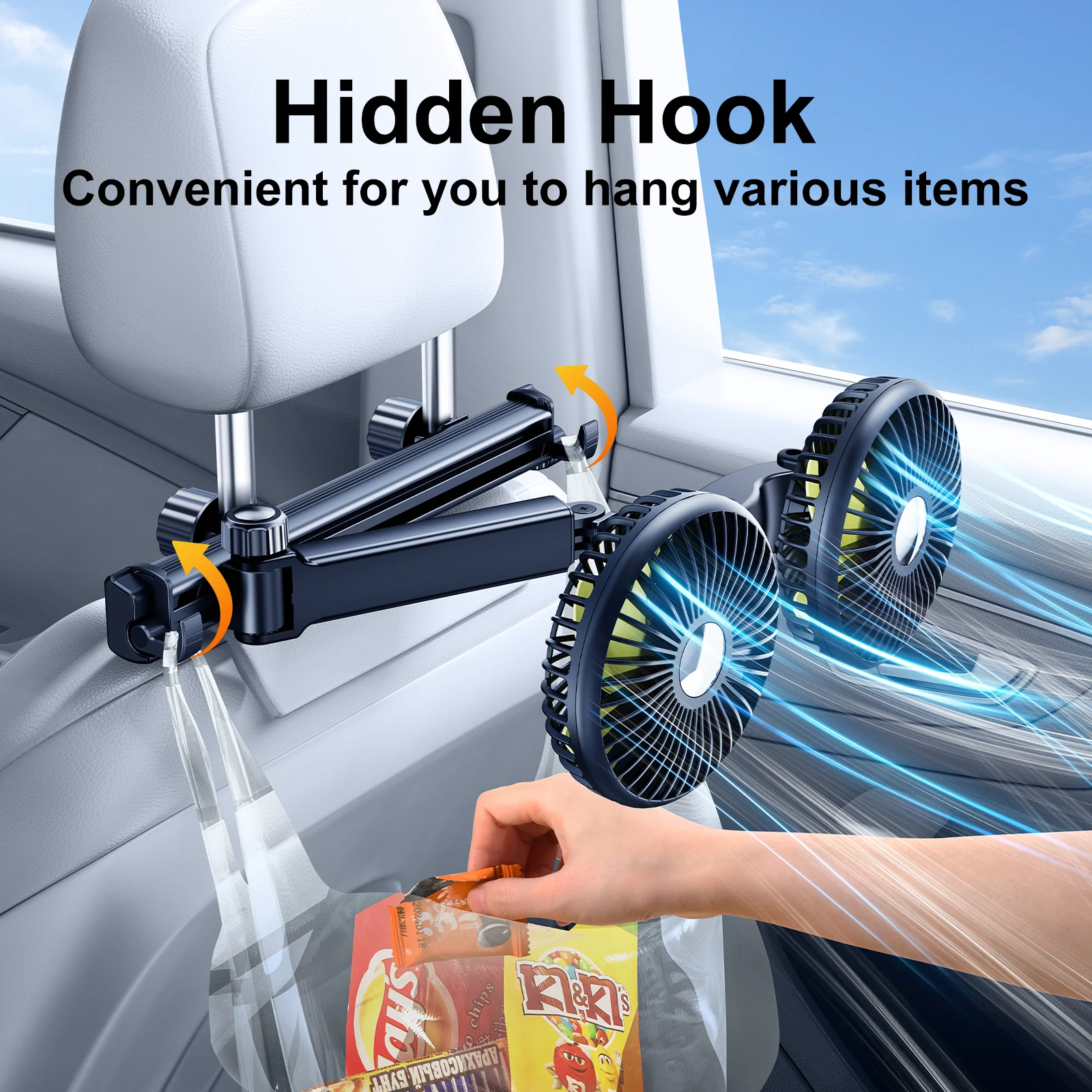 Eary Car Dual Head Fan Mount for Back Seat Headrest Air Cooler Fan With 2 Hooks Long Arm Adjustable 3 Speeds For Truck SUV Sedan thumbnail 2
